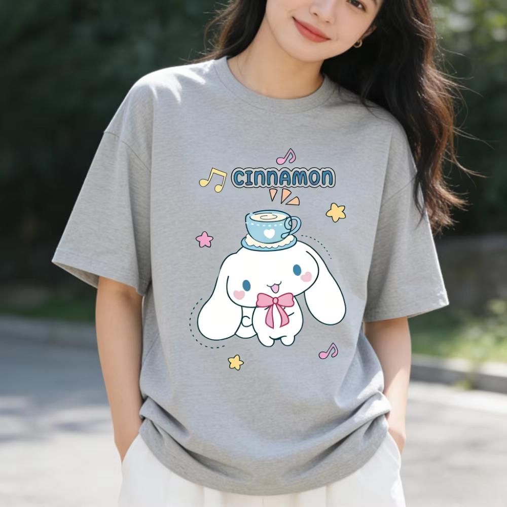 2026 Cinnamoroll marškinėliai minkštos medvilnės trumpomis rankovėmis, apvalia apykakle, mielu paveikslėliu, lengvas vasaros viršutinis drabužis moterims kasdieniam laisvalaikiui