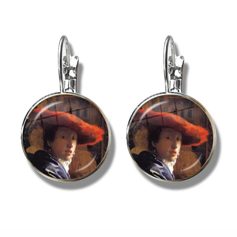 

New Fashion Earrings Vermeer Oil Painting Girl Wearing Pearl Stud Earrings Glass Cabochon Jewelry for Women Birthday Gift
