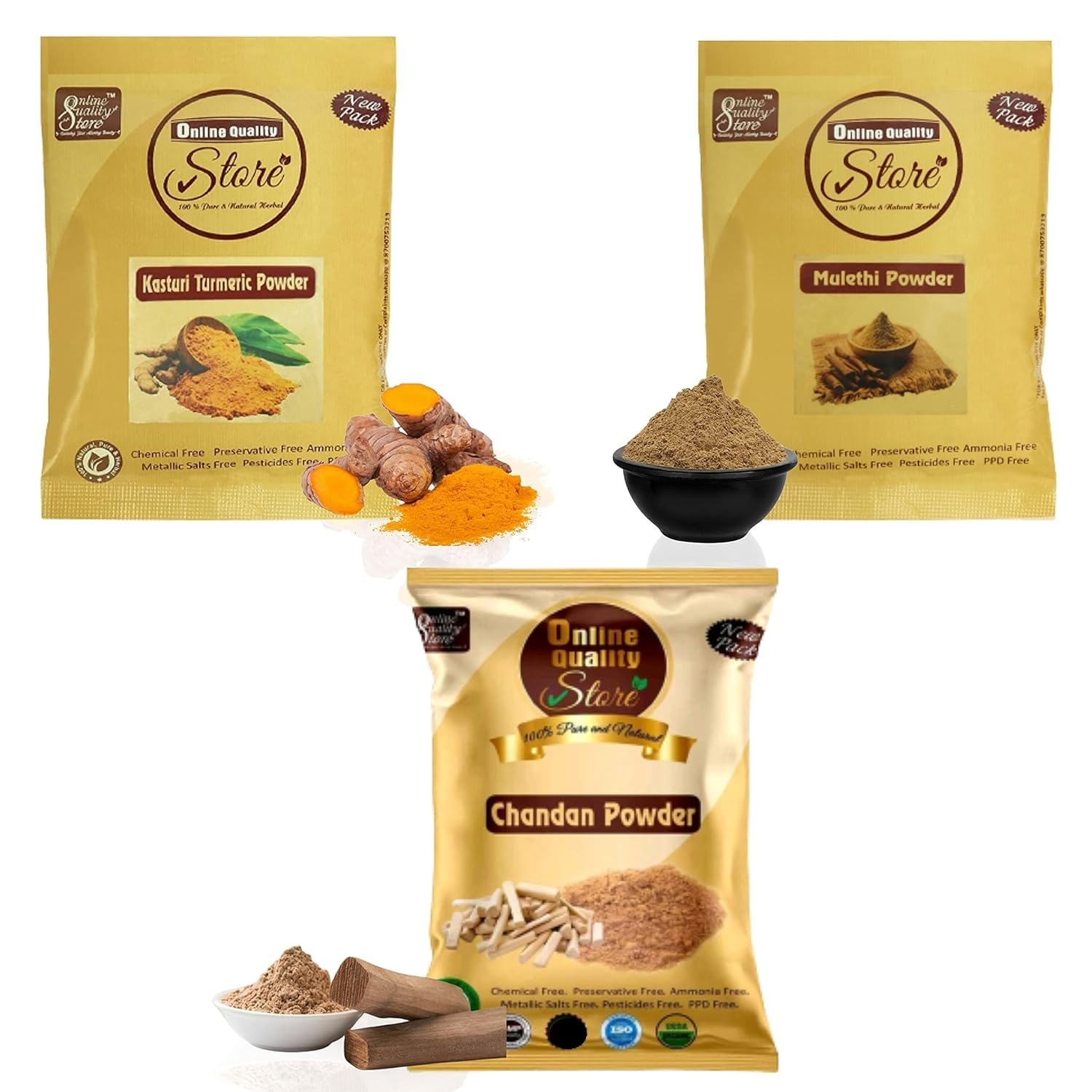 

Online Quality Store kasturi haldi powder,wild turmeric powder,kasturi manjal-50g,Chandan Powder,sandalwood powder-50g,mulethi powder,licorice po