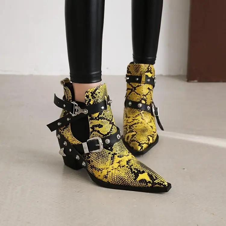 

2025 Новейшие Металлические Клепки Пэчворк Пряжка для Ремня Ботильоны на Толстом Каблуке До Середины Икры Заостренный Носок Слипоны Модные Повседневные Зимние Ботинки 34 жёлтый