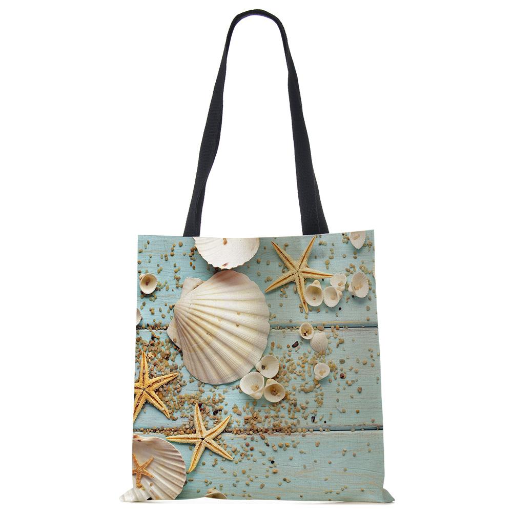Ladies Shoulder Bag Blue Ocean Starfish Beach Sand Prints Tote Bag Linen Fabric Beautiful Casual Practical Handbag Casually