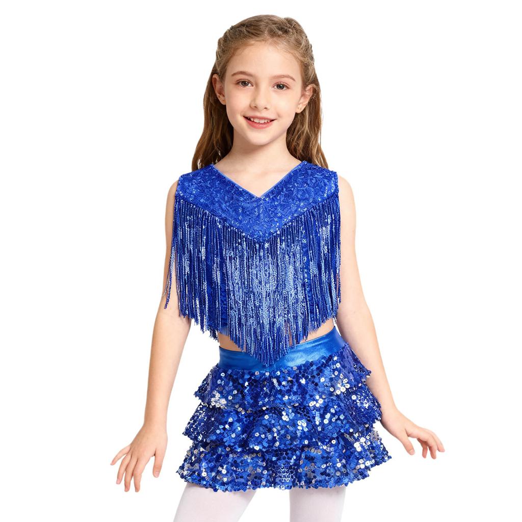 Girls 70s Disco Outfit Metallic Gloss Top Sequins Design Tassels Detail Ruffle Skirt Shorts Two Piece Set