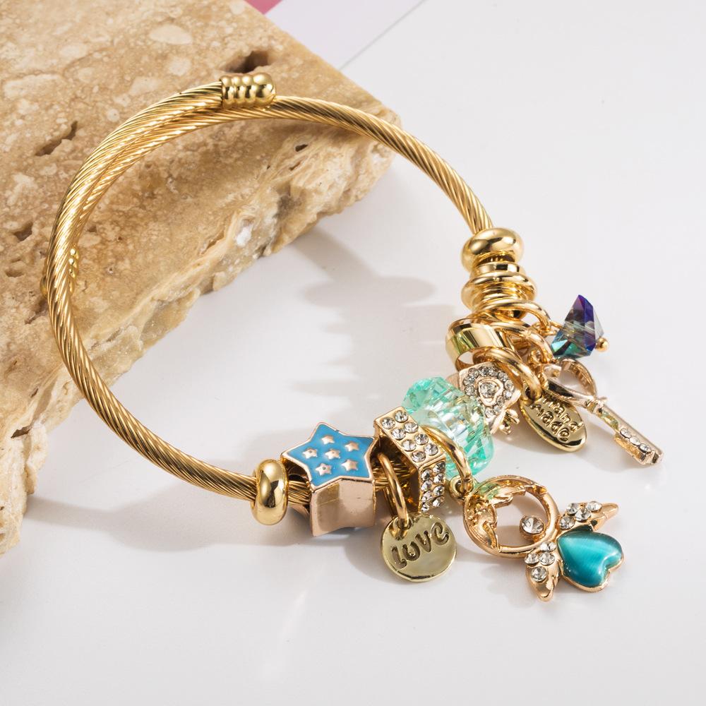 Women Rhinestone Angel Key Star Pendant Adjustable Bracelet