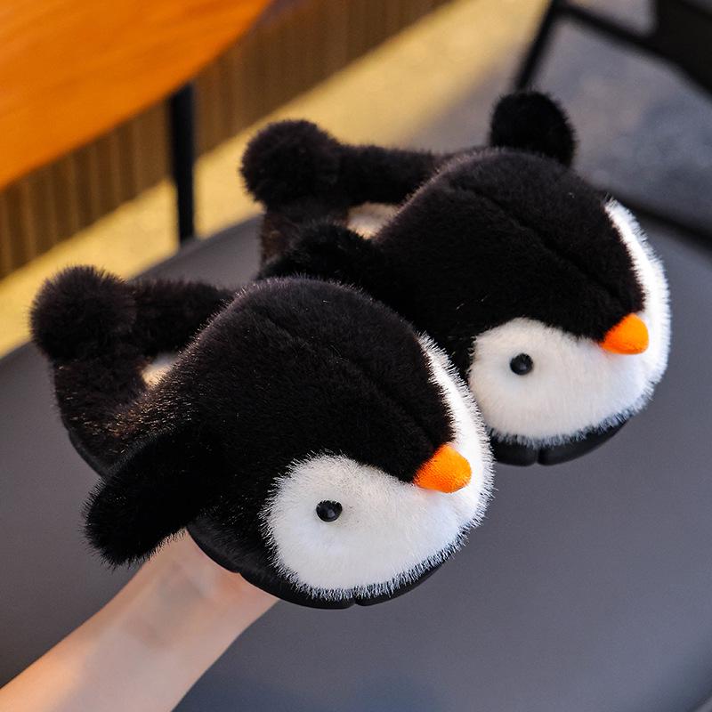 Pinguïn Pluche Furry Pantoffels voor Kinderen - Warme, Zachte, Gesloten Hiel Katoenen Schoenen voor Jongens en Meisjes