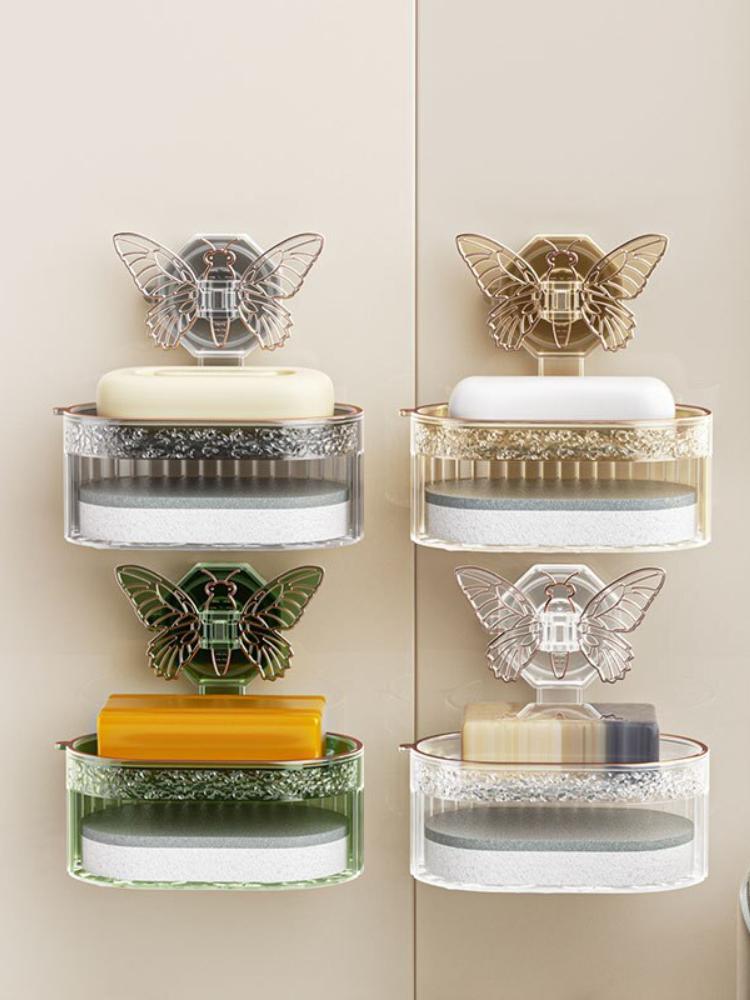 1PCS Butterfly Suction Cup Soap Holder Double-Layer Soap Box with Sponge No Drilling Drainage Water Soap Storage Bathroom Shelf