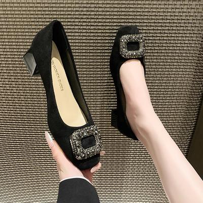 Scarpe da Donna 2024 Punta Quadrata Fibbia Quadrata Strass Bocca Bassa Tacco Alto Scarpe da Donna Eleganti Scarpe Francesi in Camoscio