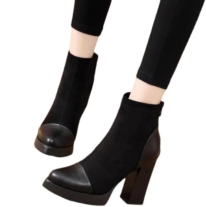 2025 Shoes for Women Ankle Women's Boots Platform Modern Boots Women Flock Back Zip Pointed Toe Chunky High Heels Shoes Female