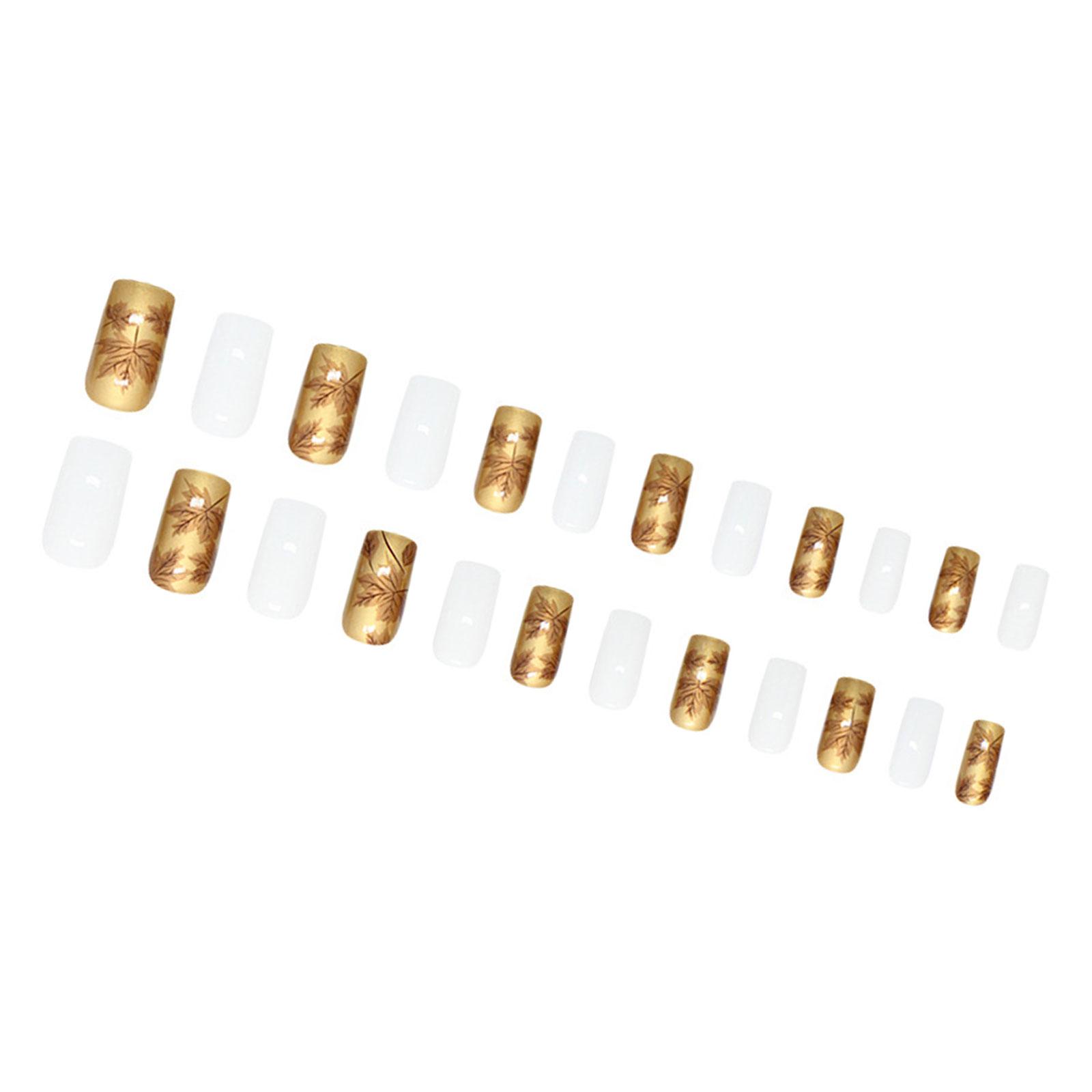 

Осенняя тема Кленовые листья Квадратный набор накладных ногтей 24 шт. Наклеивающиеся ногти Элегантные Золотые Белые Глянцевые Полное покрытие Накладные ногти