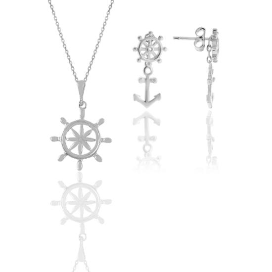 

Серебряное колье и серьги с матросским штурвалом и родиевым покрытием, комплект из двух штук
