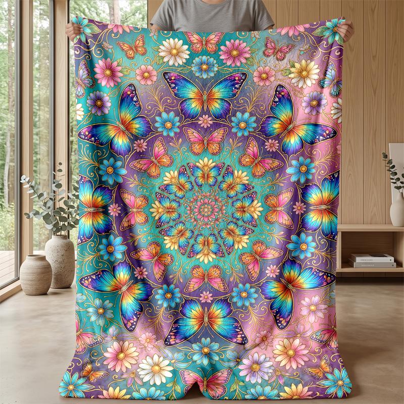Vibrant Butterflies and Tulips Theme blanket Lightweight Warm Flannel Blanket Decorative Throw Blanket for Home Decoration