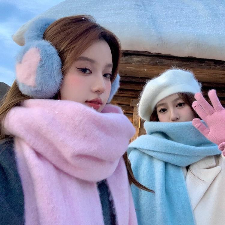 Winter Macaron Mohair Big Scarf Women's Warm Face Cover Windproof Plush Dual-purpose Shawl Solid Color Scarf