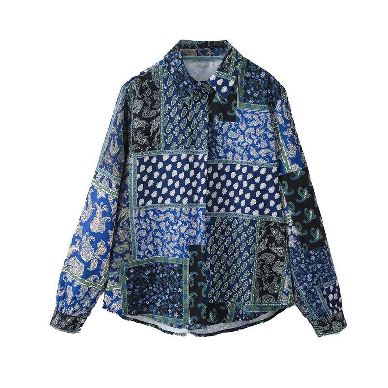 Kaslead New Arrival Women's Fashion Style Patchwork Print Silk Satin Texture Shirt 2298073