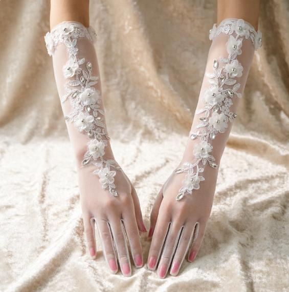 Long Sheer Mesh Gloves with Lace Flowers & Rhinestones, Elbow-Length Bridal Gloves for Wedding L белый