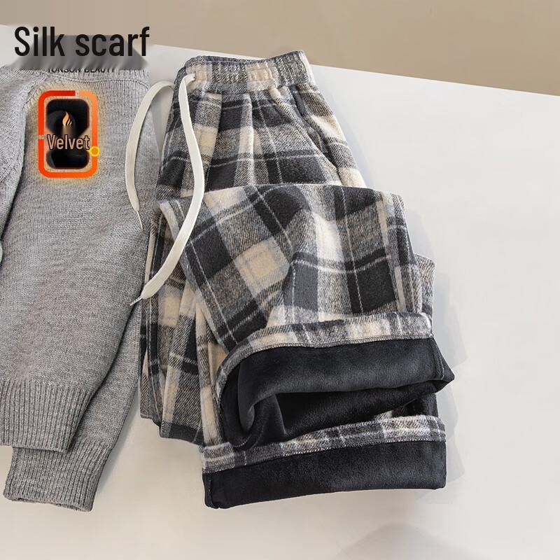 

Sibaishe Women s Fleece-Lined Plaid Wide-Leg Pants L