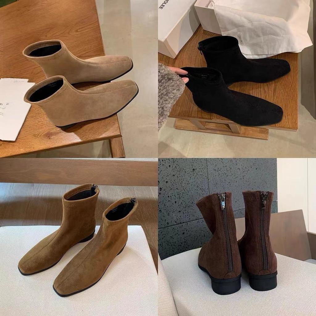 Small Man Increases Height and Looks Thin French Square Head Retro Brown Suede Thick Heel Short Boots Zipper Flat Bottom Martin Boots Women