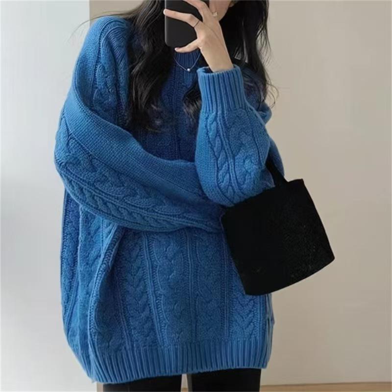 Soft Waxy Solid Color Twist Sweater for Women's Autumn and Winter New Loose Retro Lazy Style High-end Blue Pullover Top for Women