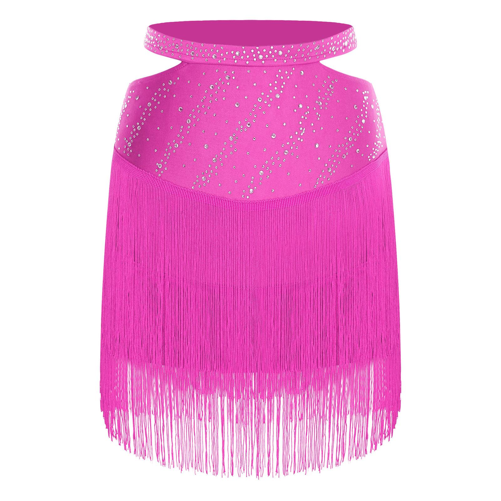 

Women Latin Dance Costume Cutout Elastic Waistband Shiny Rhinestones Tassels Skirt Performance Dancewear S гарячі рожевого кольору