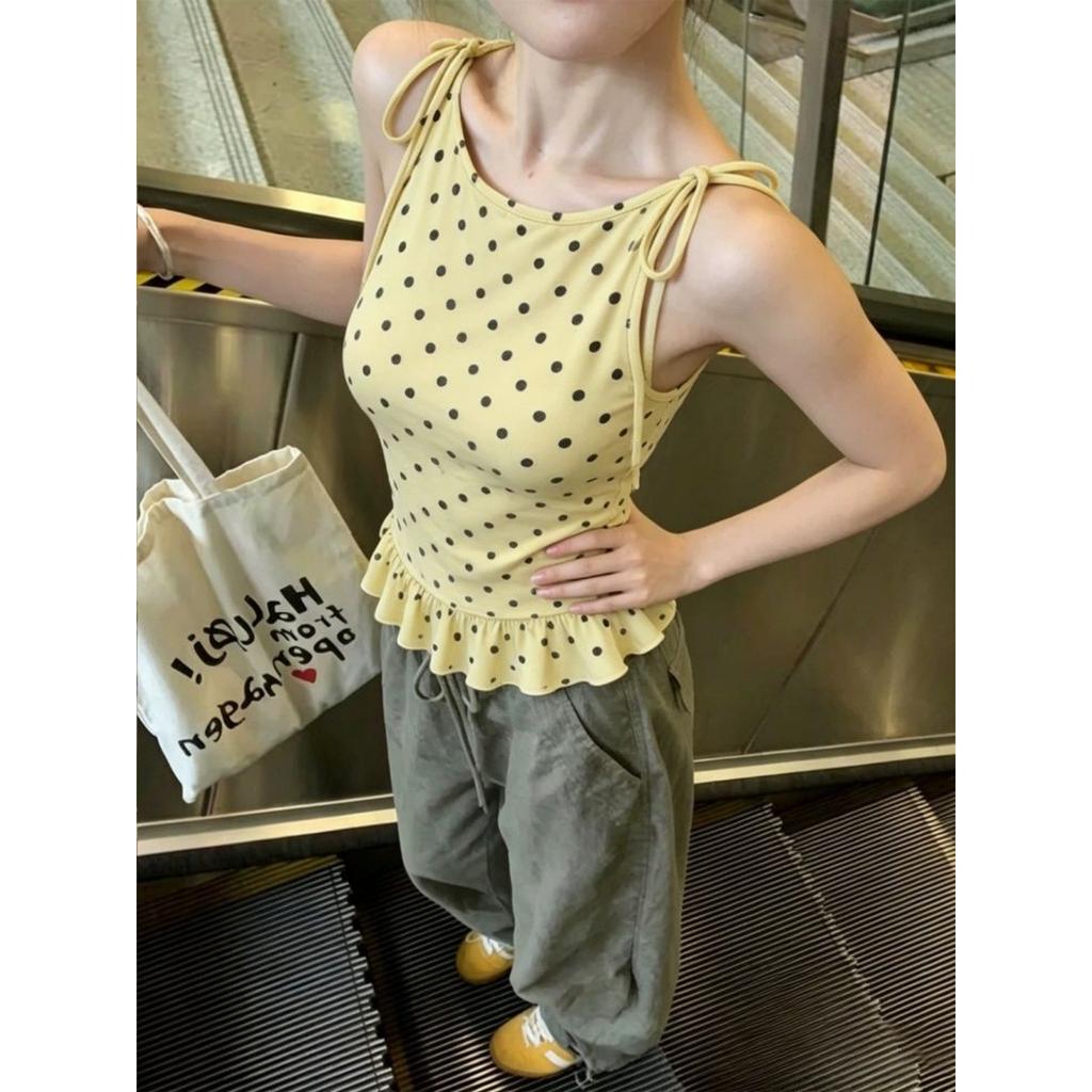 Human cotton, polka dot sling vest, women's summer sweet lotus leaf edge, slim and thin inside and outside, sleeveless top.