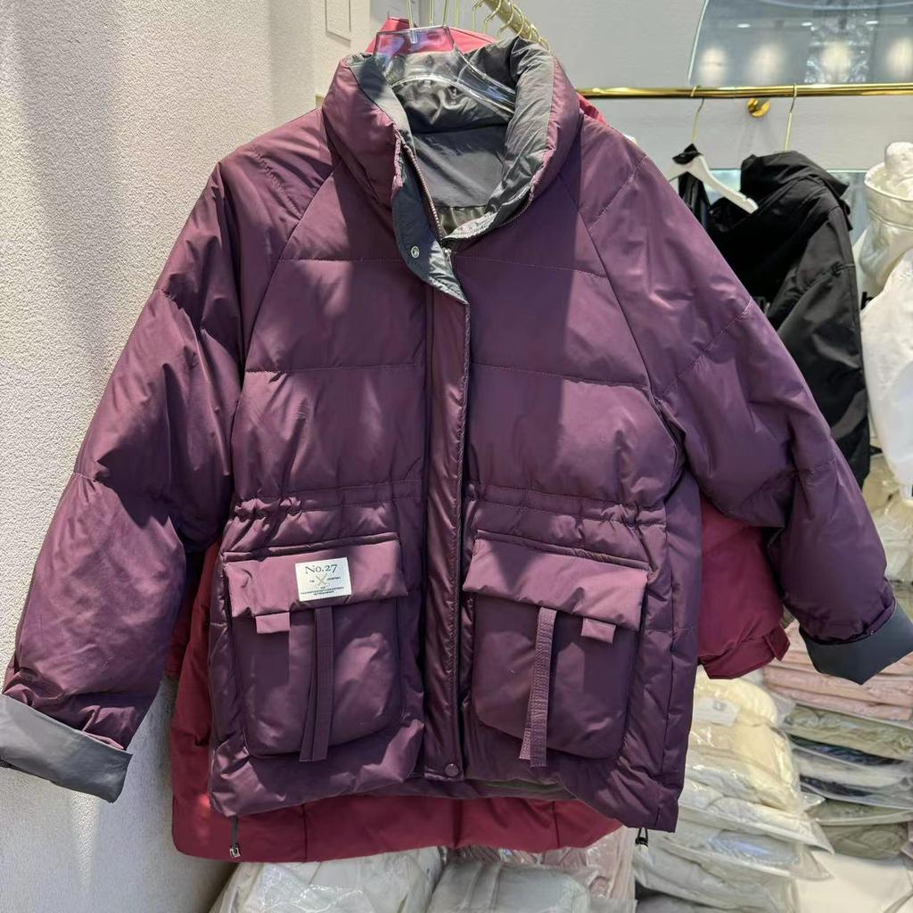 European Style 2024 Winter Color Block Stand Collar Mid-Length Down Jacket