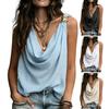 Women Vest V-Neck Sleeveless Loose Fit Camisole with Pleated Front Asymmetrical Collar Metallic Detail Ruffled Tank Tops