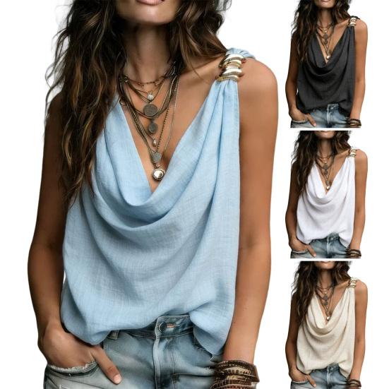Women Vest V-Neck Sleeveless Loose Fit Camisole with Pleated Front Asymmetrical Collar Metallic Detail Ruffled Tank Tops