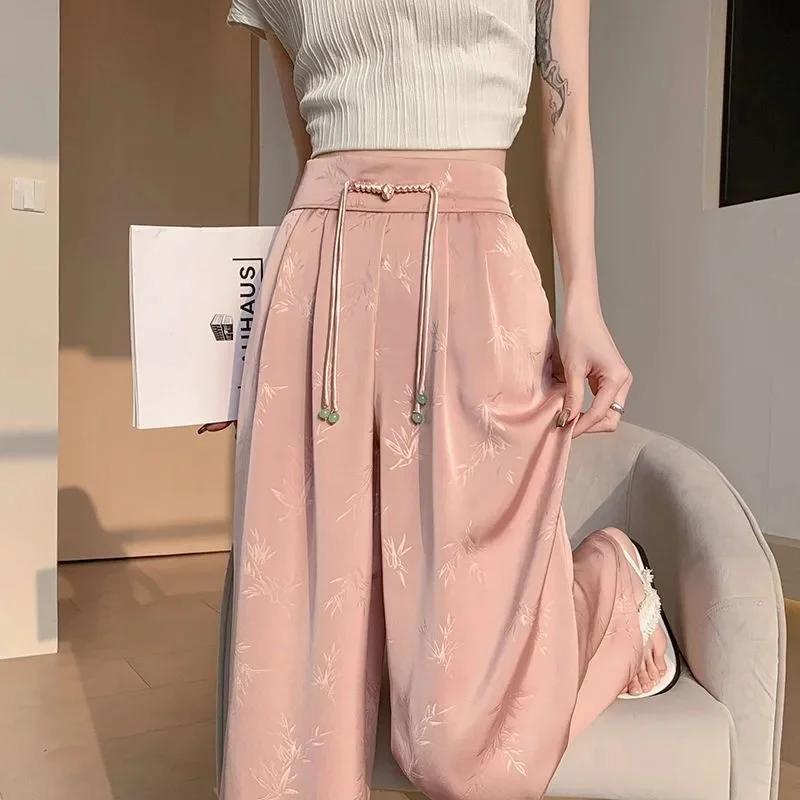 

Летние жаккардовые брюки с широкими штанинами, женские повседневные брюки с высокой талией, черные модные брюки на весну и осень XL розовый