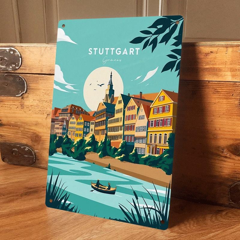 1 piece: Stuttgart, Germany city landscape tinplate painting, European retro architectural decorative painting, living room/entr (as the picture,20x30cm)