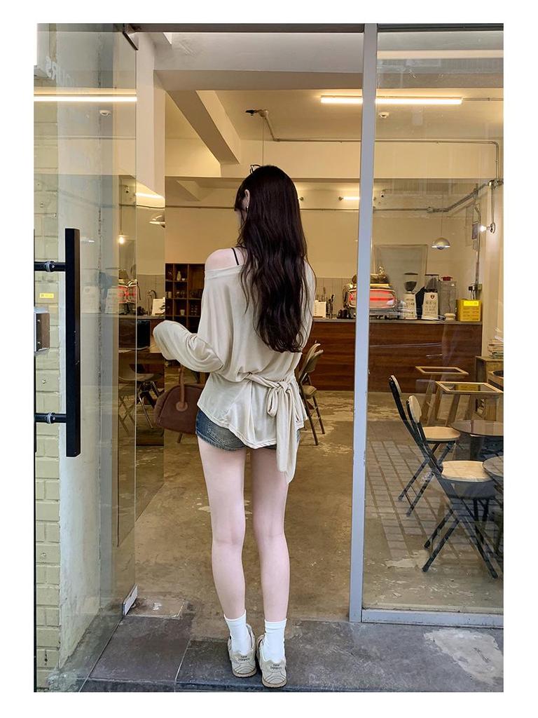 Korean Style Tie-Waist Long-Sleeved Off-Shoulder T-Shirt for Women - Autumn Edition