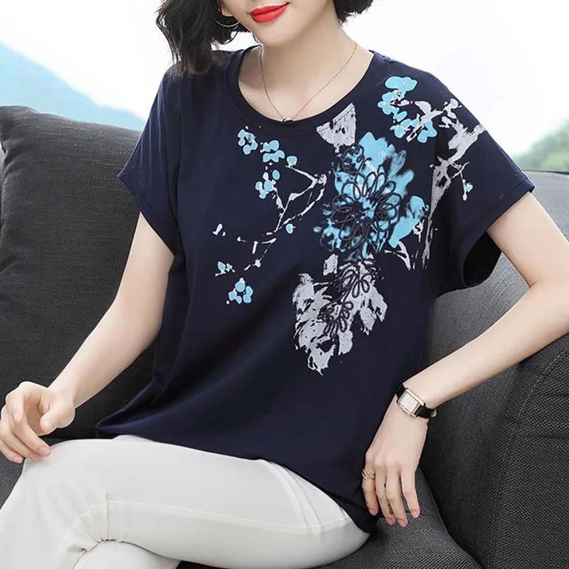 

Cotton Floral Short Sleeve T-Shirt Ladies Summer Loose Large Size Fat Crew Neck Top XXXXL