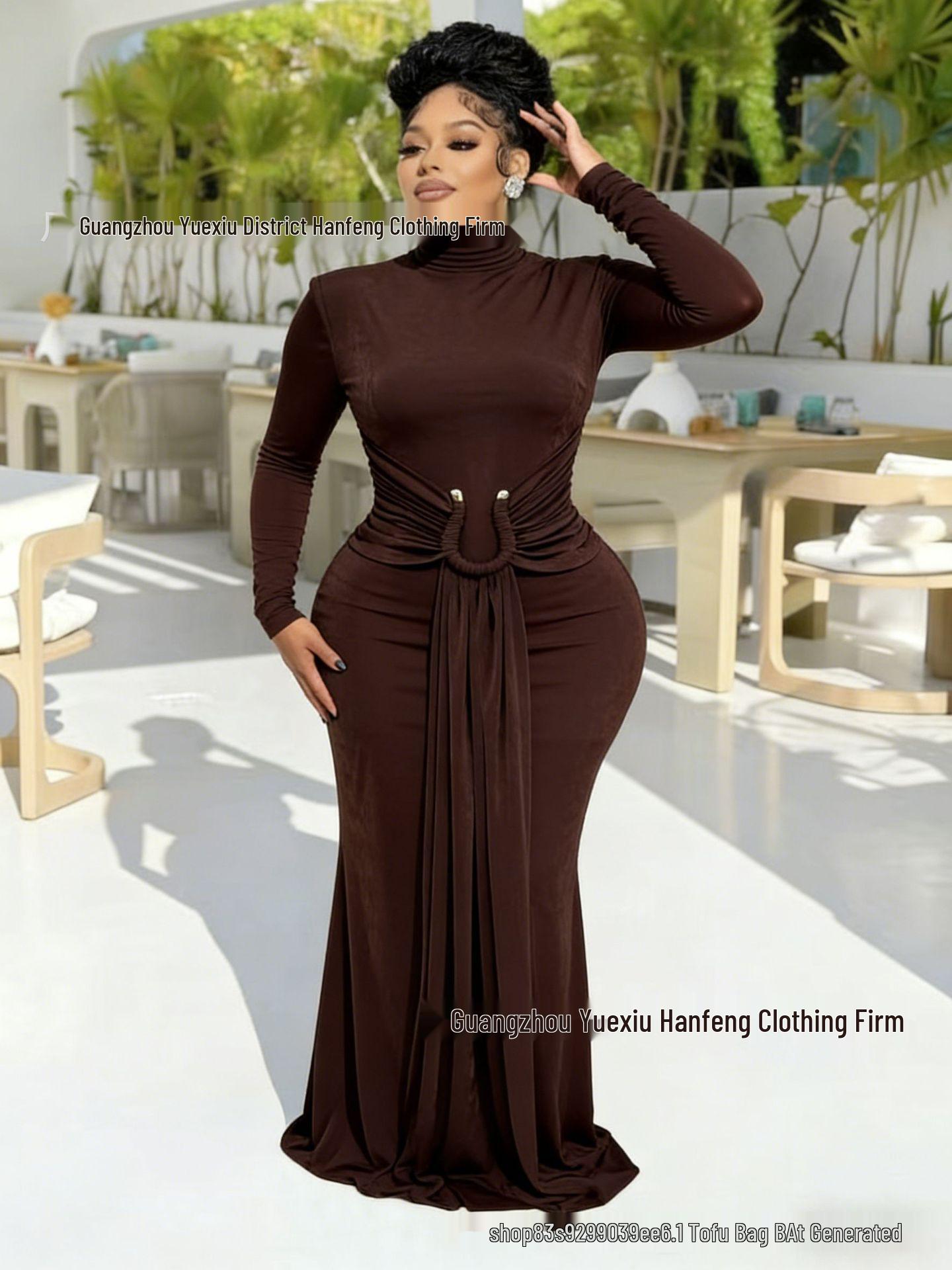 

2025 Spring European & American Round Neck Long Sleeve Waist-Cinching Formal Dress in Niche Design XXL
