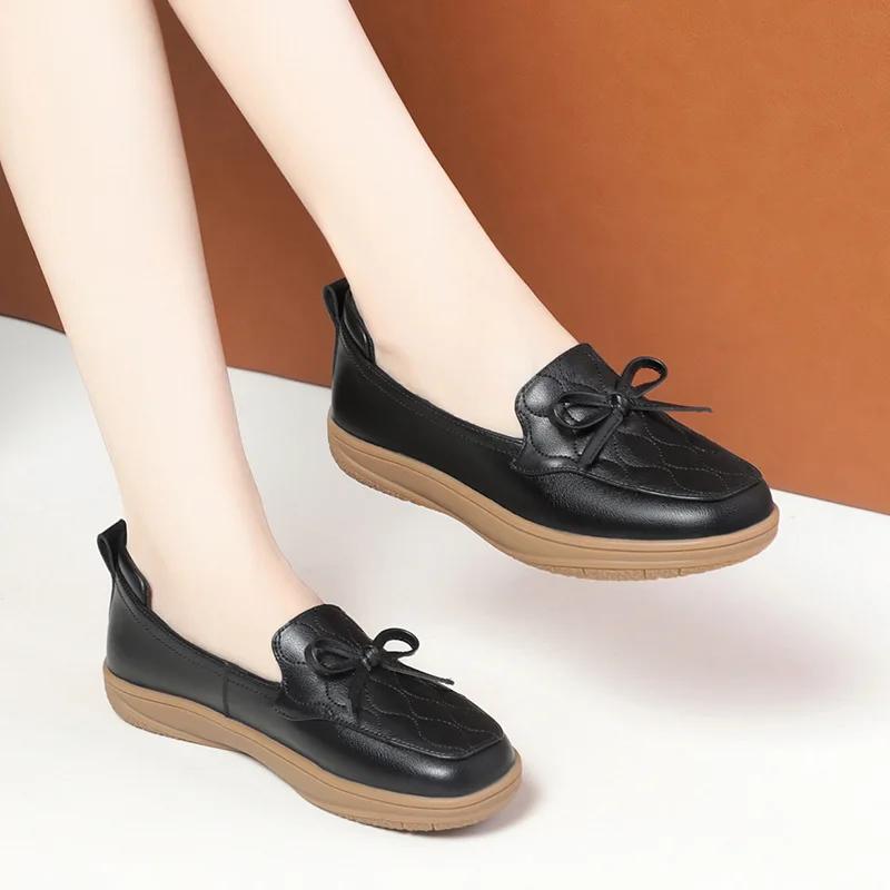 2.5cm Fashion Comfortable Shallow Mouth Soft Leather Shoes Women Flats Fall 2025 Sweet Bow Loafers Non Slip Shoes for Office Mom