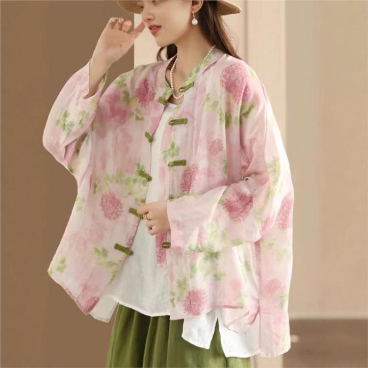 Chinese Style Bat Sleeve Shirt Vintage Women Blouse Floral Print Spring Top Loose Stand Button