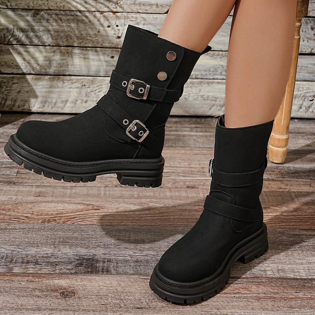 Women Ankle Boots Retro British Style Mid-Calf Boots Two-Way Wear Thick Bottom Belt Buckle Knight Boots Spring Autumn New Shoes