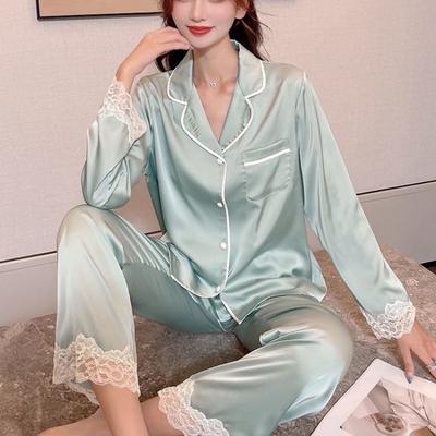 Ice Silk Pajamas Women's Simple Green Pajamas Two-piece Set New Young Gentle Casual Loose Home Clothes
