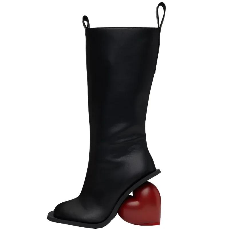 Fashion New Retro Sexy Round Toe Peach Heart Heel Side Zipper Knee High Boots European American Fashion Show Color Blocked Women's Boots