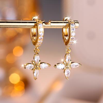 Female Cute Star Flower Hoop Earrings Luxury White Zircon Cross Earrings For Women Vintage Gold Color Engagement Jewelry