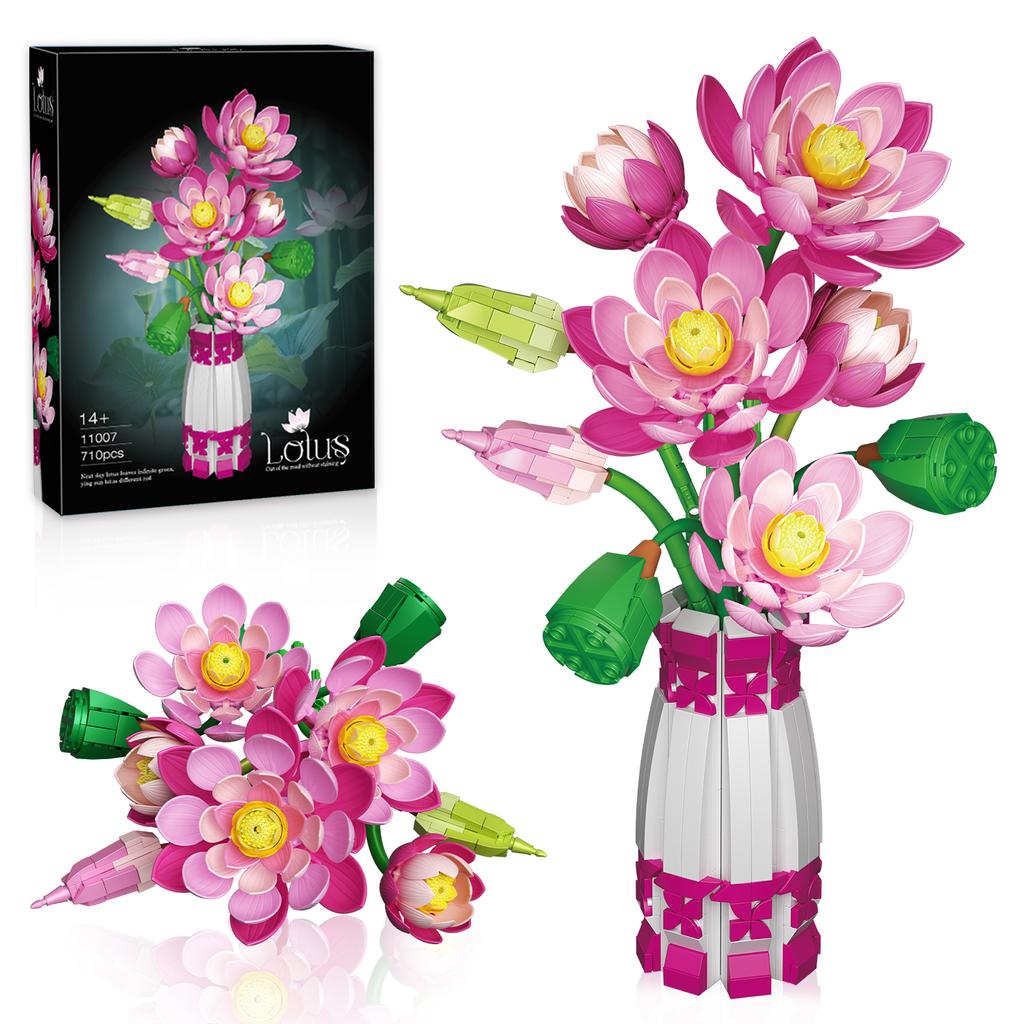710PCS Lotus Flower with Vase Building Blocks Creative Bouquet Model Bricks Desktop Decoration Diy Toys For Kids Holiday Gifts