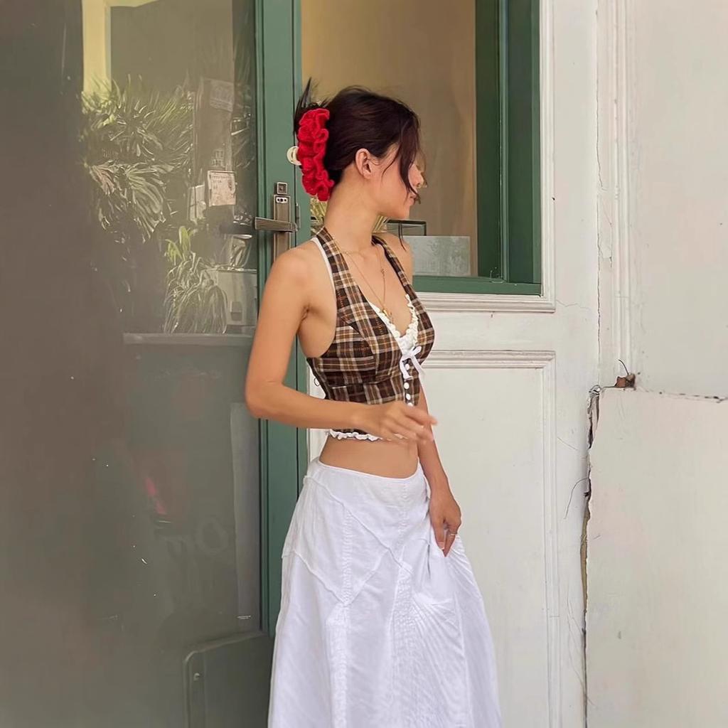 Ins European and American Women's Clothing Spring and Autumn New Fashionable and Sexy French Sweet Retro Plaid Neck Vest Top