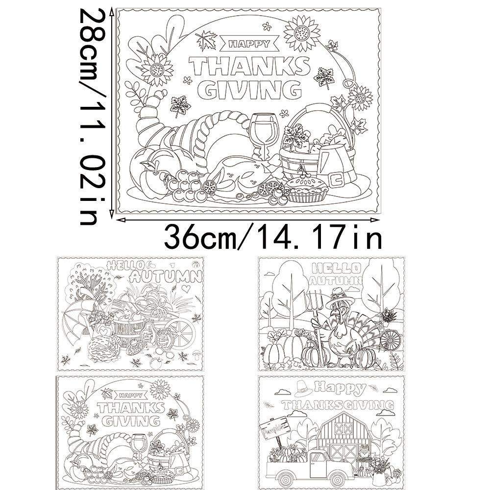 8pcs Paper Material Thanksgiving Placemat Hand-painted Tableware Mat Party Supplies