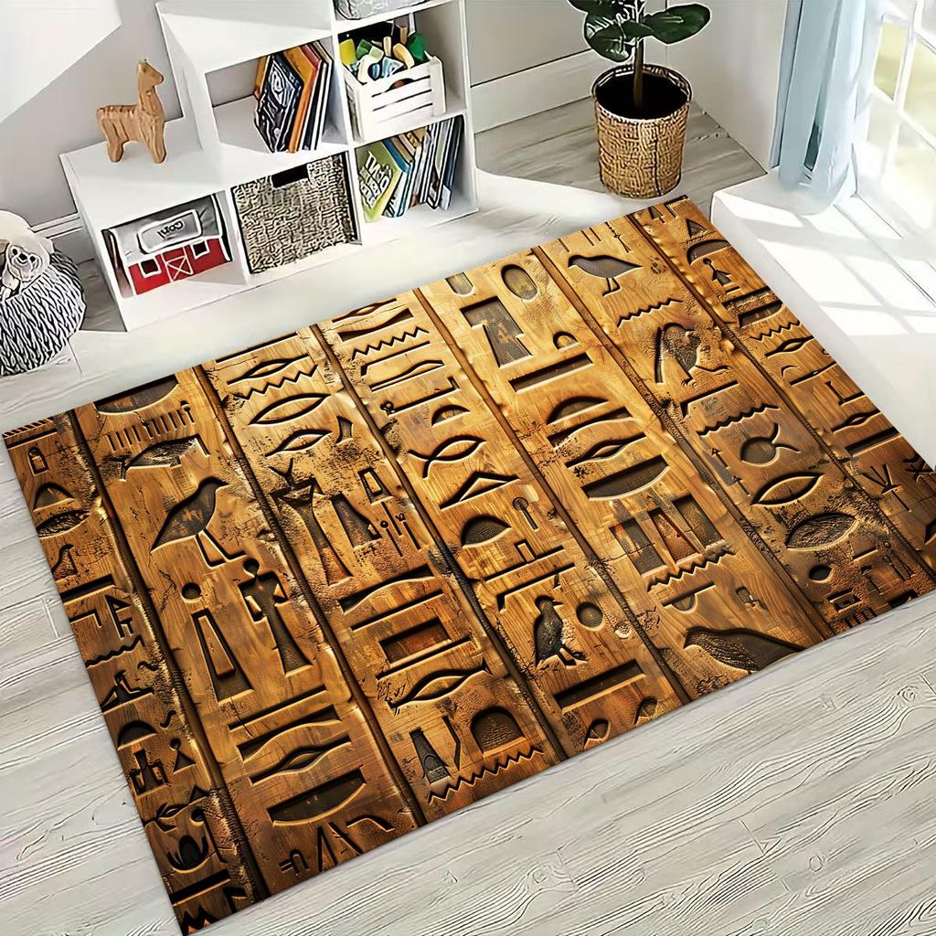 Ancient Egyptian Hieroglyphic Symbols Carved Murals Rug for Bedroom Living Room Sofa Home Doormat Decor,Kids Non-slip Floor Mat