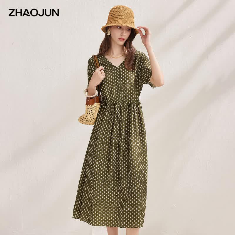 Zhaojun Mulberry Silk French Print Short Sleeve Dress XL