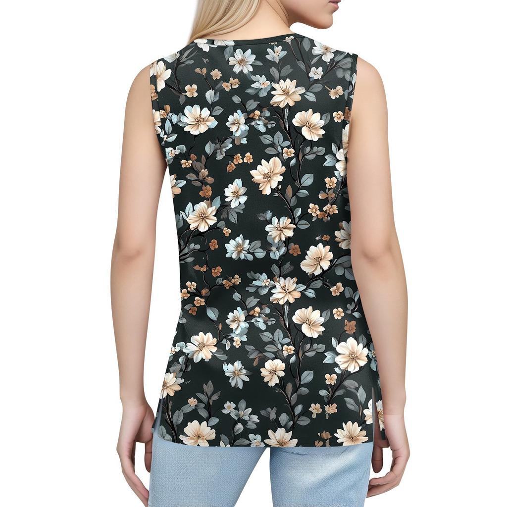 Women's Print Tank Top Button-down V-neck T-shirt Sleeveless Loose Fashion Top