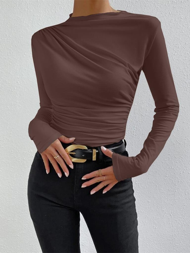 Solid Color Slim Fit Cami Top with Pleated Design Long Sleeve Women's T-Shirt