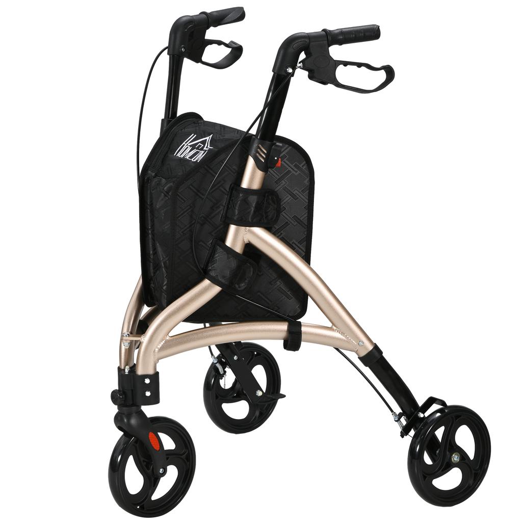 3 Wheel Rollator, Lightweight Aluminium Tri Walker with Adjustable Handle, Storage Bag and Dual Brakes, Folding Mobility Walking Aid for Elderly