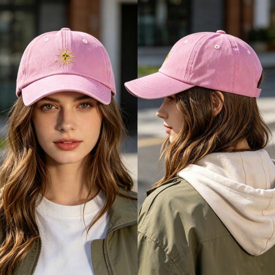 Yousheng Stickerei Sonnenmuster Baseballkappe, Verstellbare Hintere Schnalle Retro Used-Look Baseballkappe, Gewaschenes Baumwollgewebe Outdoor Sonnenschutzkappe