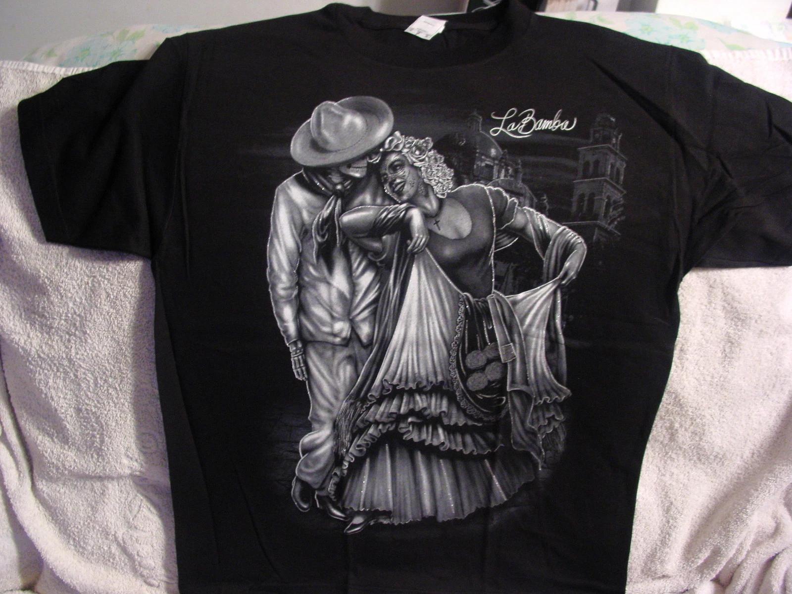 

SKELETON DANCING WITH WOMAN DEATH MASK LA BAMBA T-shirt L