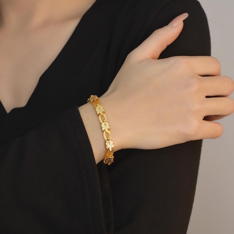 Luxury 24K 9999 Pure Gold Real Gold Women's Wheat Leaf Bracelet with Moissanite Leaf Bracelet