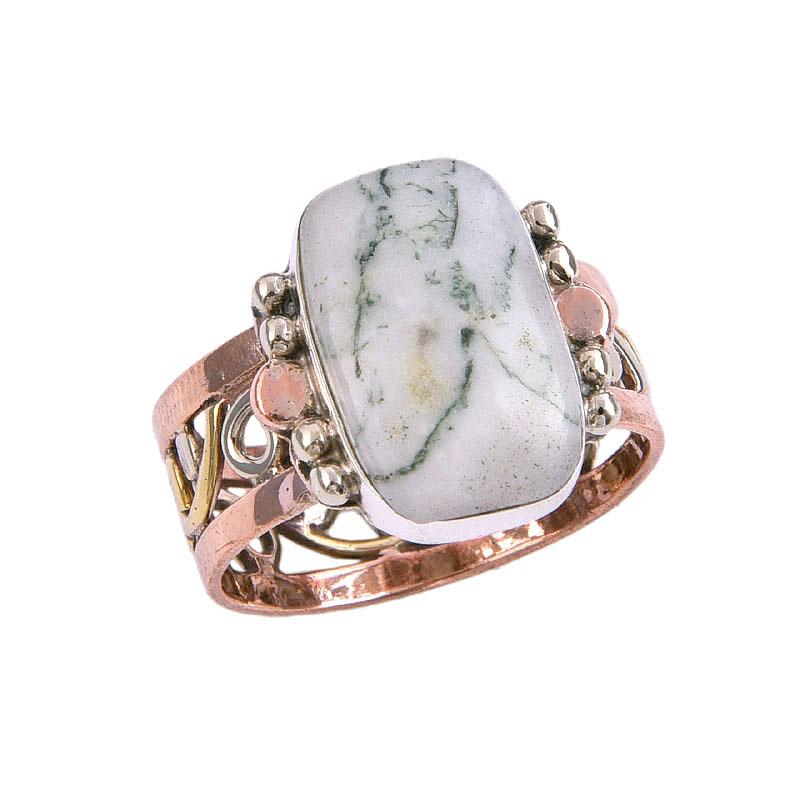 Natural Green Dendrite Opal Gemstone Two Tone 925 Sterling Silver Ring S.9 V0B10