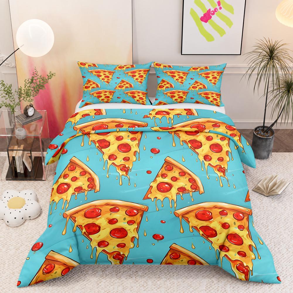 Pepperoni Pizza Slice Pattern 3 Piece Bedding Set, Melting Cheese Food Duvet Cover Set for Kids Teens Kitchen Bedroom Decor