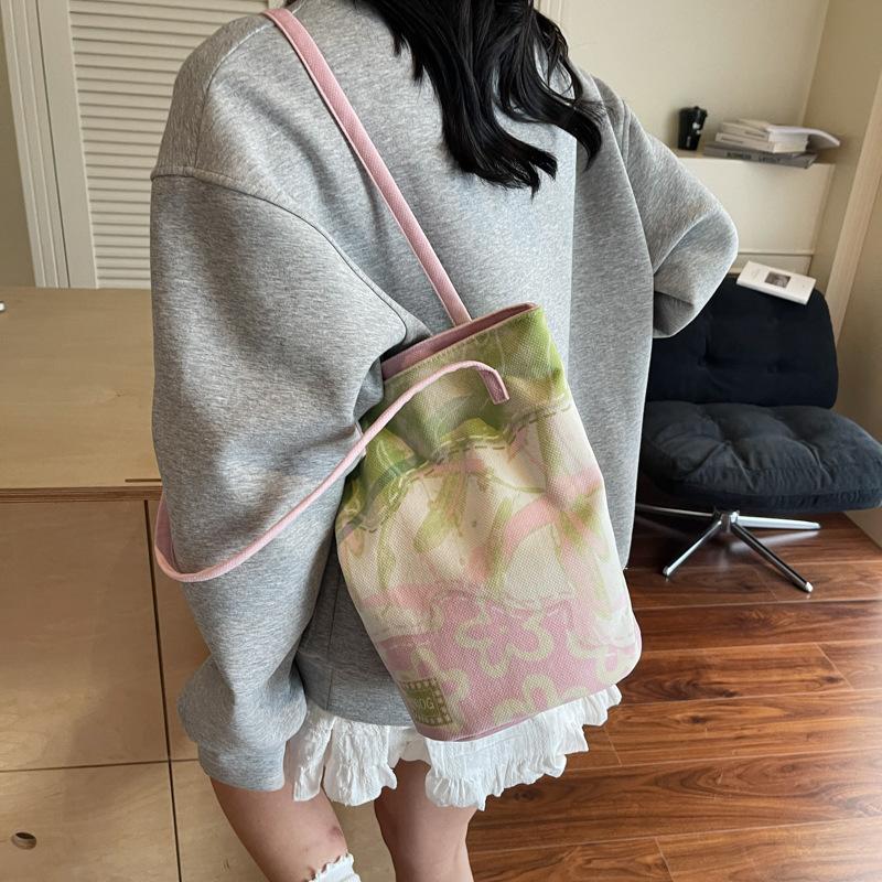 Summer Casual Canvas Bag Women's 2025 New Smudged Flower Bucket Bag Fashion Shoulder Armpit Bag